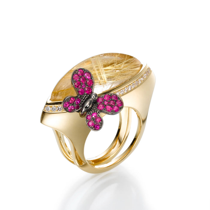 Rubies Ring,  Diamonds Ruby and Rutile Quartz. 18k gold. Papillon.  LP1482