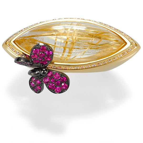 Rubies Ring,  Diamonds Ruby and Rutile Quartz. 18k gold. Papillon.  LP1482