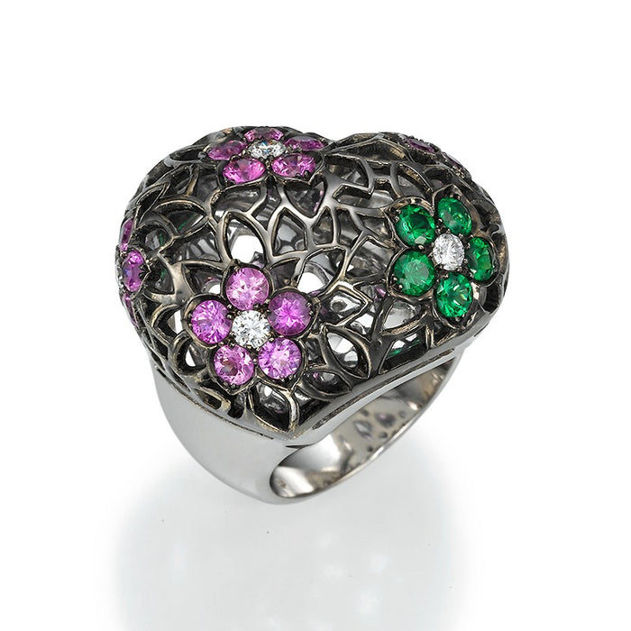 Gems Ring. 18K gold. Diamonds, pink Sapphire and Tsavorite. Intima. LP 1703