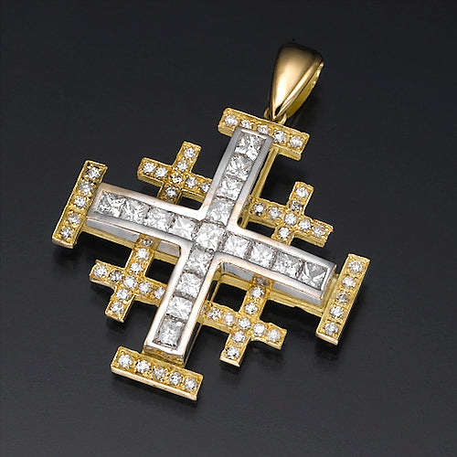 Cross pendant Jerusalem cross with Nano New Testament chip set with Princess cut diamonds. 18k Gold. 6011