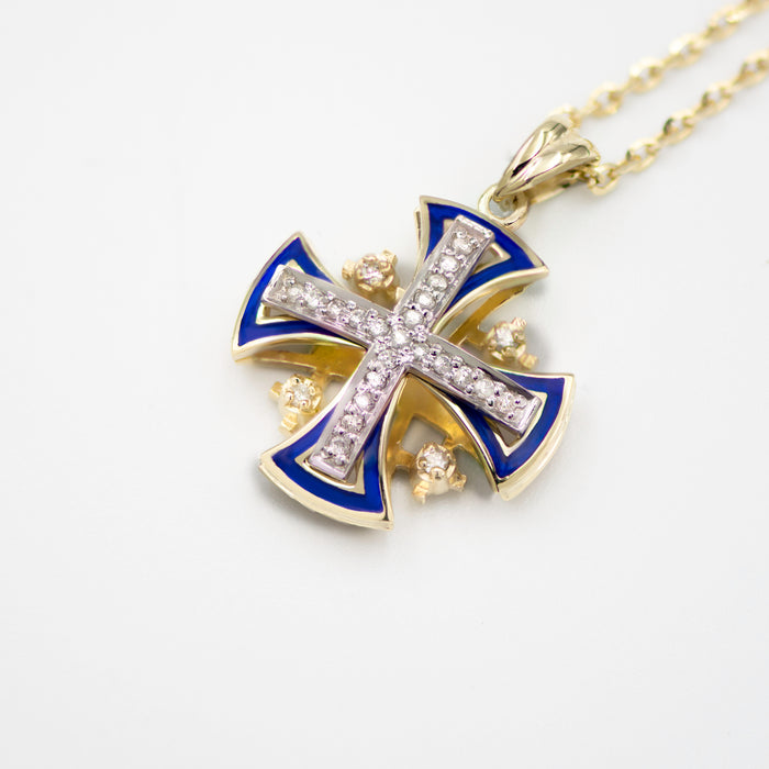 Jerusalem cross with Nano New Testament chip set with diamonds and Enamel. 18k gold. 8-1-40E