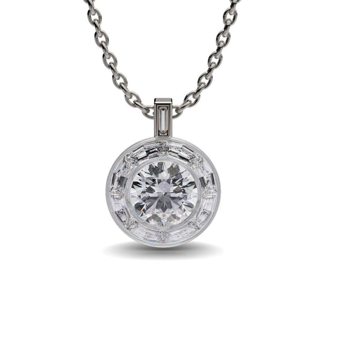 Solitaire Round Diamond  Pendant with Baguettes Diamond Halo.18K gold. 9063
