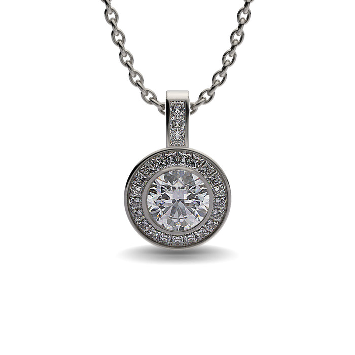 Solitaire Pendant Round Diamond Princess Diamonds Halo, 18K Gold.  9064